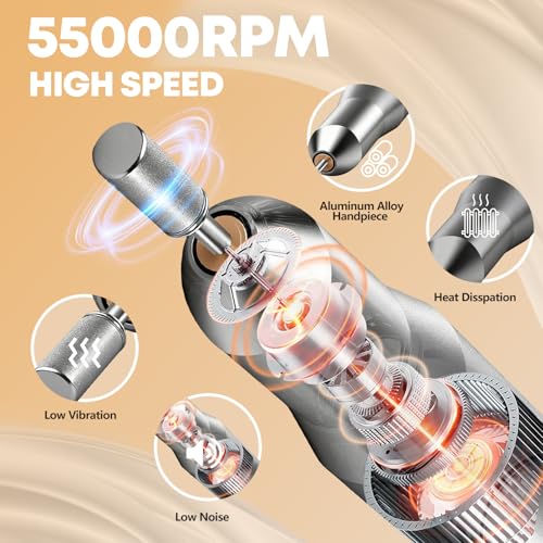 Professional Nail Drill Electric File, GEEZO 55000RPM Portable Cordless Nail Drill Machine with Bits, Rechargeable E File for Acrylic & Gel Nails, Manicure & Pedicure Tech Tool for Home Salon (White)