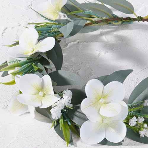 White Flower Crown Headband, Artificial Fairy Flower Headband with Green Leaf, Bridal Boho Floral Headpiece for Women Girls Maternity Birthday Wedding Festival Renaissance Hair Accessory