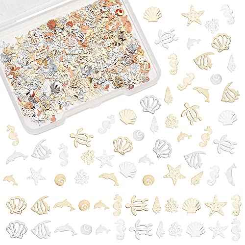 OLYCRAFT 720pcs 24 Styles Sea Theme Nail Art Decorations Brass Resin Fillers Shell Fish Dolphin Nail Art Accessories Mini Nail Art Charms for DIY Crafts Manicure Decorations - Gold/Silver&Rose Gold
