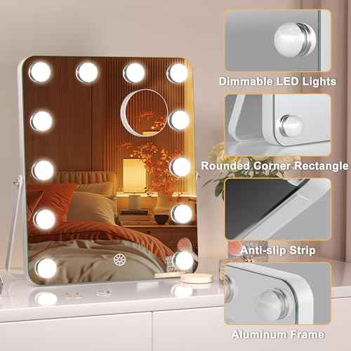 Hasipu Vanity Mirror with Lights, Hollywood 10" x 14" LED Makeup Mirror, 3 Modes Light, Smart Touch Control Dimmable, 360¡ÆRotation, Rounded Rectangle White Frame