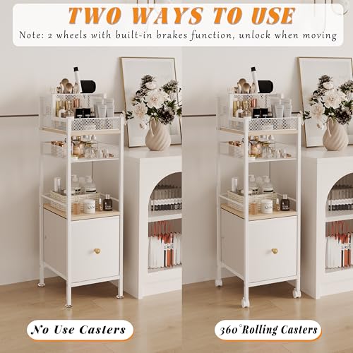 Floor Makeup Organizer Cart, Narrow Floor Skincare Organizers and Storage with Drawers, Bathroom Vanity Organizer Cosmetics Display Cases Holder for Skin Care Nail Polish Perfume Makeup Brush (White)