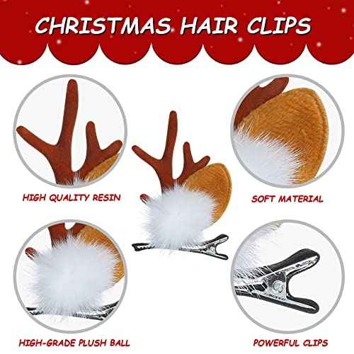 TailaiMei Christmas Hair Clip, 2 Pairs Cute Reindeer Antlers Ears Hair Accessory with Plush Ball, Christmas Hair Pins for Women Girls Kids and Party Favors