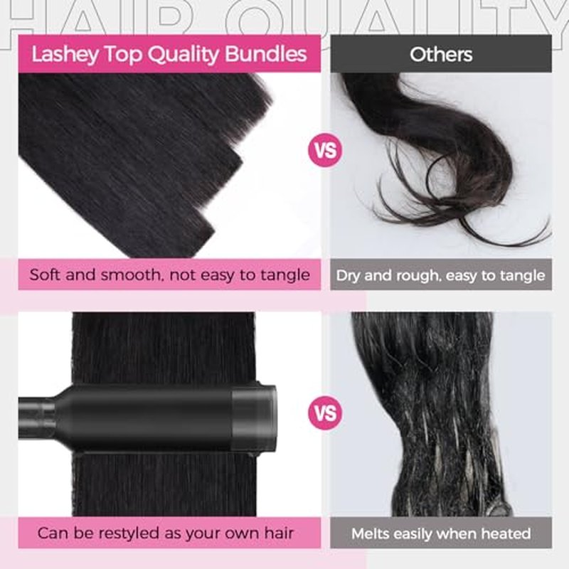 Lashey Human Hair Bundles Light Yaki Straight 100% Virgin Human Hair Soft and Bouncy Double Weft Hair Extensions Natural Black 12 14 16 Inches (3 Bundles Total 240 grams)