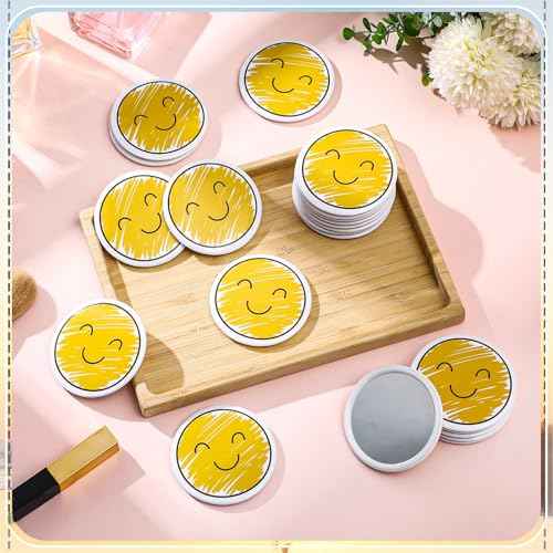 Geetery 30 Pcs Inspirational Smile Face Compact Mirrors Bulk Mini Pocket Mirrors Emoticon Gifts for Students Party Favors Yellow Portable Birthday Wedding Shower Party Supplies