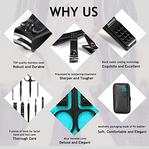 Manicure Set 9 in 1 Stainless Steel, Nail Clippers Scissors Pedicure Tools Kit - Portable Travel Grooming Kit for Men and Women with Black/Blue Leather Case (Blue)