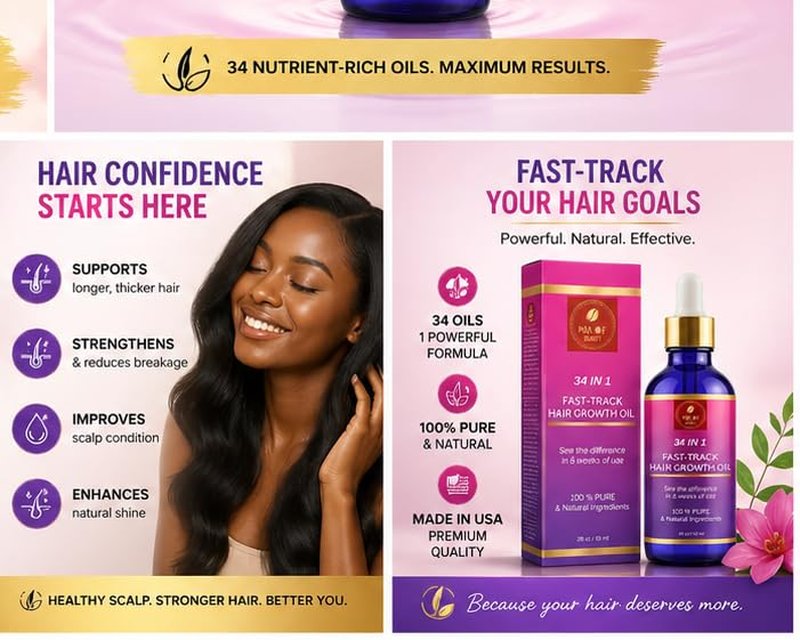 Hair Growth Oil - 34-in-1 Fast-Track Formula for Rapid Growth | Moisturizing Blend of Exotic Oils & Botanicals - 2 fl oz