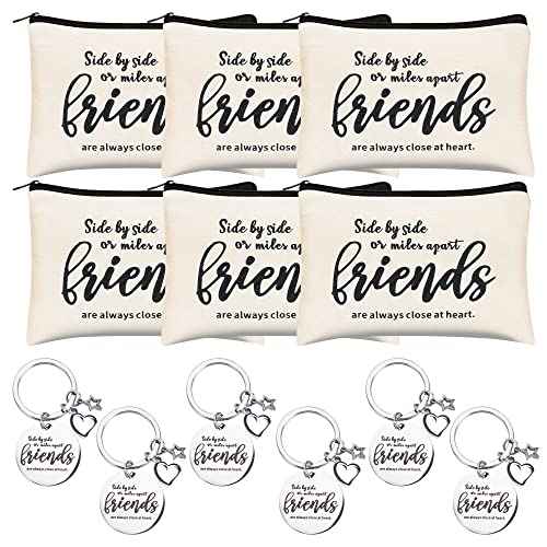 Kolewo4ever 12pc Friend Appreciation Gift Set: 6 Cosmetic Bags & 6 Keychains, White, Letter Print, Zipper Closure, Lightweight, Easy to Clean, Durable, Women Adults, Gift, Travel, Organization