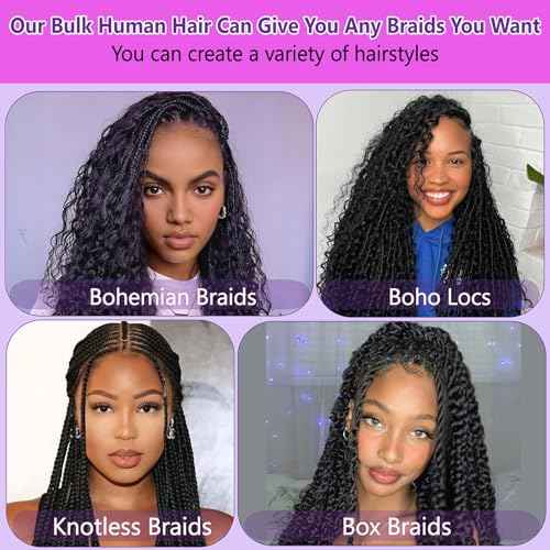 Deep Wave Bulk Human Braiding Hair for Boho Braids Water Wave 100% Human Hair for Boho Braiding Hair Crochet Wavy Curly Hair Extensions Bohemian Micro Braiding 3 Bundles 110g Natural Color 12 Inch