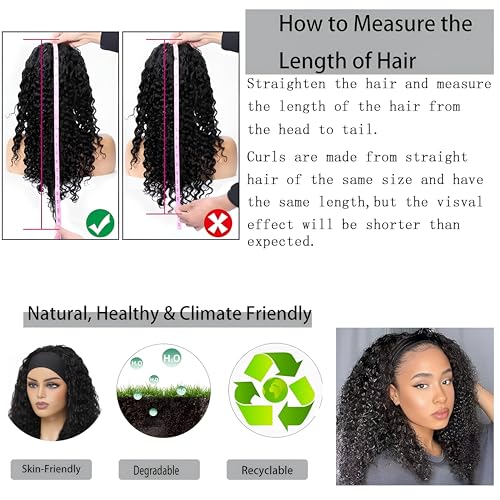 Curly Headband Wig Human Hair 18Inch Human Hair Headband Wig Glueless Wear and Go Human Hair Scarf None Lace Front Wigs 150% Density Natural Color