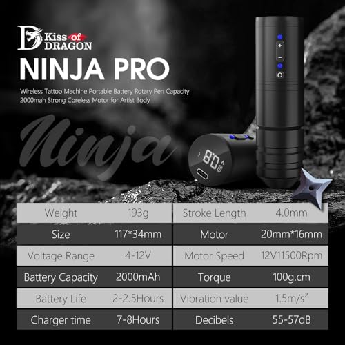Kiss of Dragon Wireless Tattoo Machine with Coreless Motor - Rotary Cartridge Tattoo Pen with 2000mAh Power Supply Digital LCD Display for Professionals and Beginners Tattoo Artists