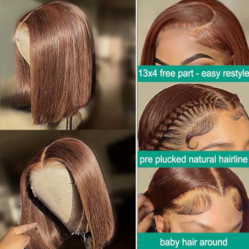 Brown Front Bob Wig Human Hair 13x4 HD Lace Front Wig 100% Unprocessed Brazilian Virgin Human Hair #4 Bob Wigs Pre Plucked Natural Hairline with Baby Hair Brown Color Bob for Women(8")