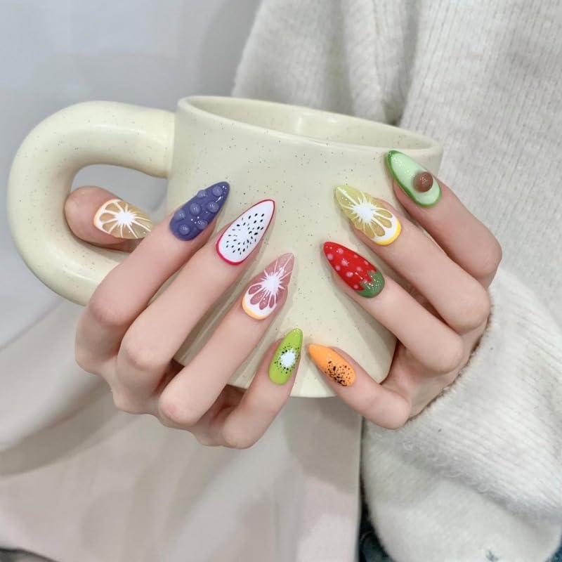 Handmade Press On Nails - 3D Fruit Design Medium Almond Tips, 10pcs Reusable Acrylic | Long-Lasting & Easy Fit