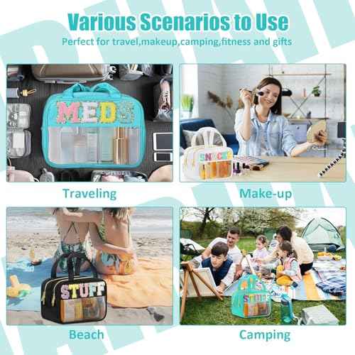 Chenille Letter Clear Medicine Bags, Makeup Bag for Travel, Preppy Patch Nylon Cosmetic Meds Pouch with Handles and Zipper, Waterproof Large Clear Travel Toiletry Purse Storage for Women Green