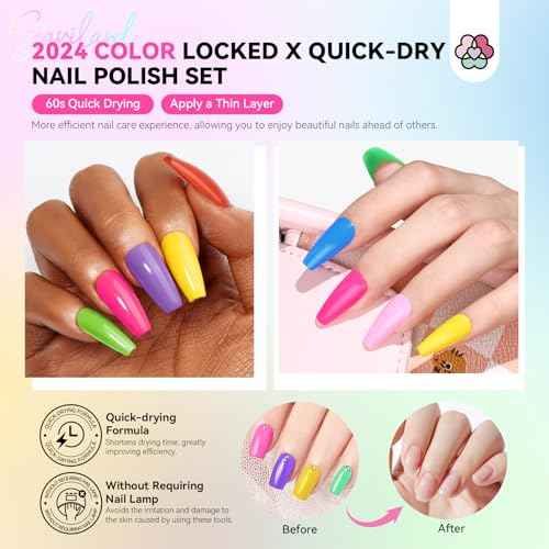 SAVILAND Quick-Dry Nail Polish Set - 20pcs Neon Rainbow Brights, Fingernail Polish Non-Gel Summer Colors with Castor Oil Infused Base & Glossy/Matte Top Nail Coats for Salon & Home Manicures DIY