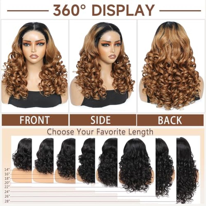1B/30 Lace Front Wigs Human Hair Highlight Ombre 5x5 Pre Cut Lace Front Wigs Human Hair Dark Root to Brown 5x5 HD Lace Closure Wigs Glueless Bouncy Body Wave Lace Frontal Wigs 180 Density 20 Inch