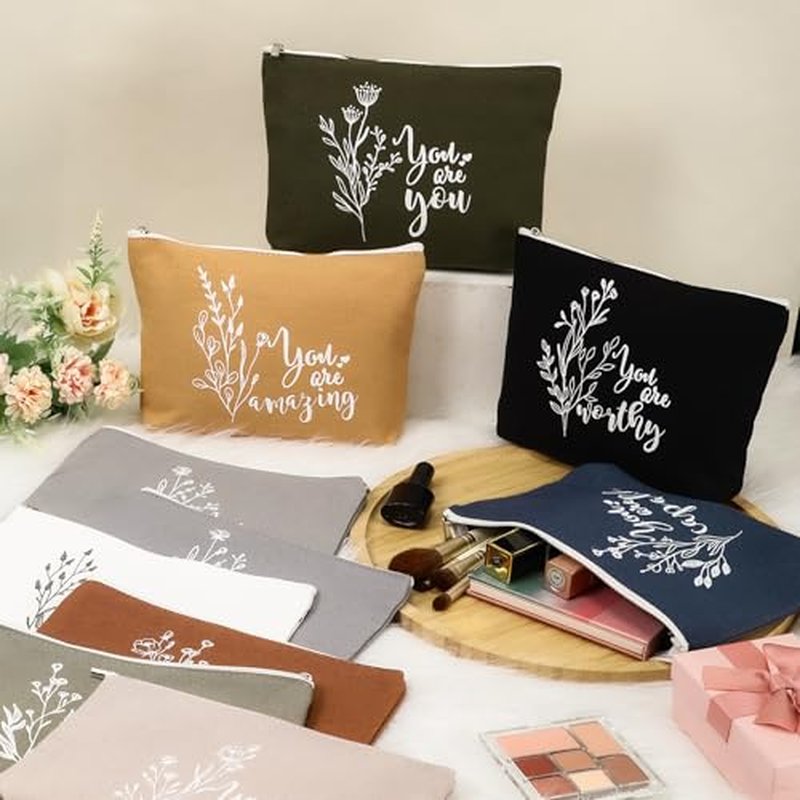 Coume 30 Pcs Inspirational Canvas Makeup Bags Bulk Christmas Employee Appreciation Gift for Women Motivational Cosmetic Bags with Zipper Boho Makeup Pouch for Rad Tech Nurse Coworker(Aesthetic)