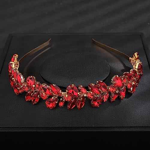 Teyglen Crystal Wedding Crown Bridal Red Rhinestone Tiara Headband Full Blue Black Pink Pieces Handmade Rhinestone Headpieces Hair Accessories for Women Party Prom Birthday (Red)