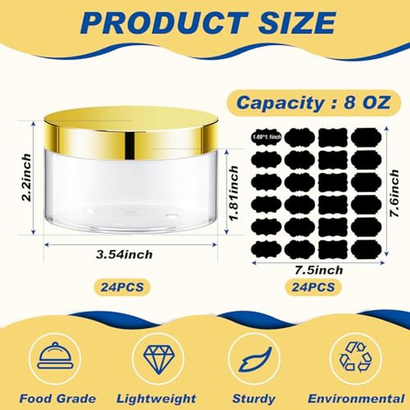 Dandat 24 Pcs 8 oz Plastic Jar Container with Lid and Label Refillable Empty Round Clear with Gold PET Cosmetic Sample Containers for Lotion, Cream, Ointments, Body Butter, Makeup, Travel Storage