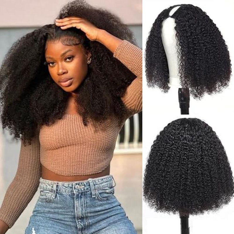 V Part Wigs Human Hair Afro Kinky Curly Glueless Wig Human Hair 200% Density Kinky Curly V Shape Wig Upgrade None Lace No Sew In V Part Wigs With Drawstring Beginner Friendly,Natural Color(18 Inch)