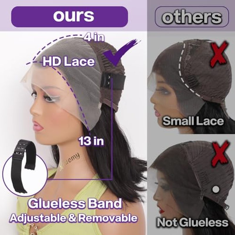 Bob Wig Human Hair 13x4 HD Lace Frontal Short Straight Lace Front Bob Wigs for Black Women Human Hair Pre Plucked Glueless Side Part 180% Density Black Color 18 Inch