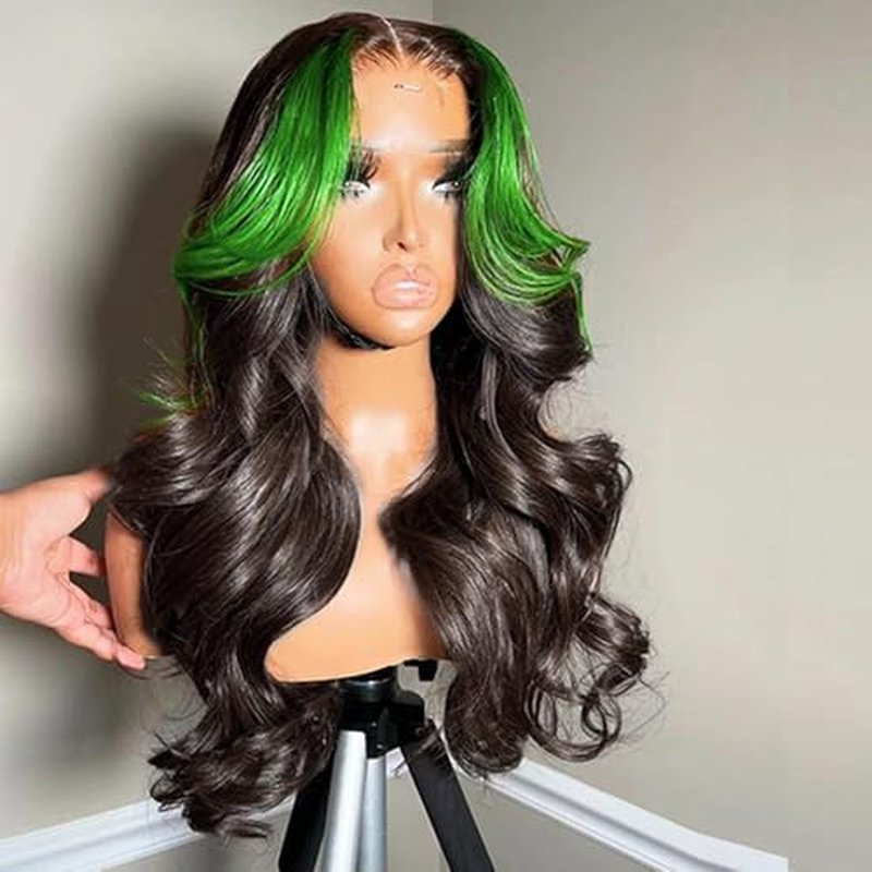 JYZ Skunk Stripe Human Hair Lace Front Wig Green Highlights Wig, Wavy, 13X4 HD Lace Front Wigs Human Hair 200% Density Pre Plucked with Baby Hair 20inch Middle Part