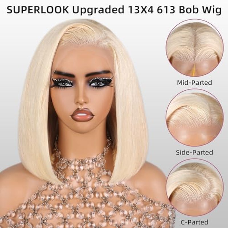 Blonde Bob Wig Human Hair 13X4 613 Bob Wig Transparent HD Lace Front Wig Human Hair Middle Part Straight Bob Wig Pre Plucked 210% Density with Baby Hair£¨12inch£©