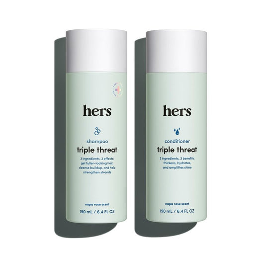 hers Triple Threat Shampoo & Conditioner Set - Biotin, Saw Palmetto, & Pumpkin Seed Oil Formula - Thickens & Hydrates - Color-Safe, Paraben-Free, Vegan - Napa Rose Scent - 6.4 Fl Oz, 2 Count