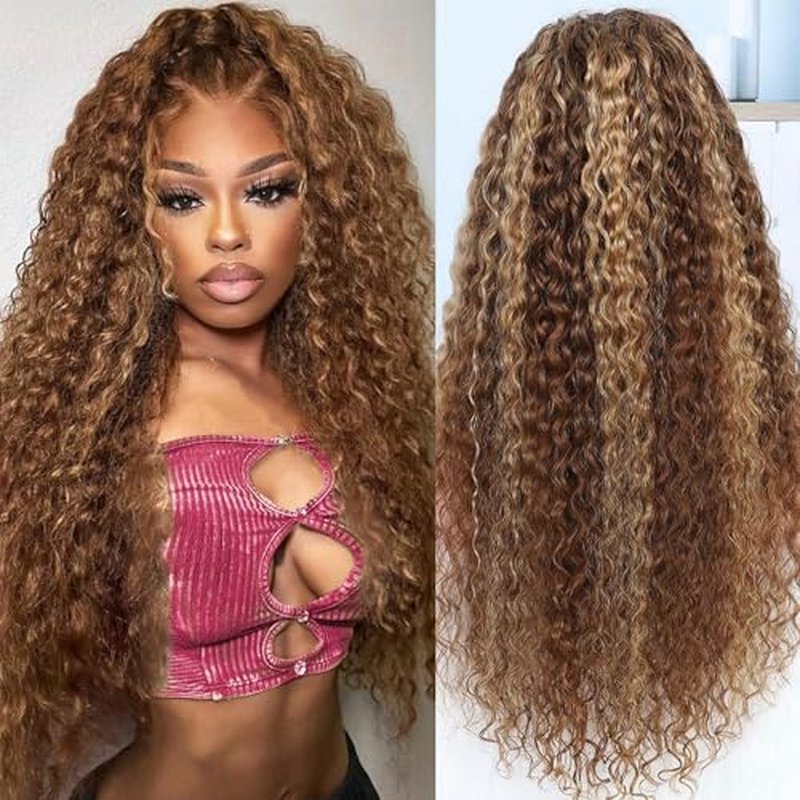 20 Inch Honey Blonde Ombre Highlight 13x6 Full Lace Frontal Wigs Human Hair 200 Density Water Wave 13x6 HD Transparent Lace Front Wigs Pre Plucked #4/27 Colored Human Hair Wig for Women