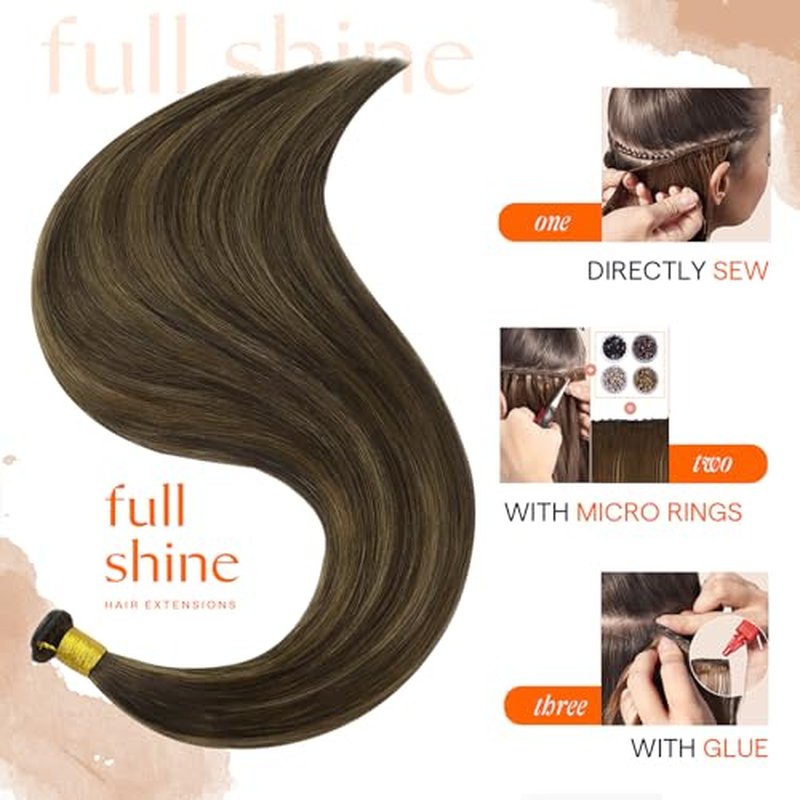 Full Shine Hand Tied Weft Human Hair Extensions Genius Weft Hair Extensions Color 2/8/2 Dark Brown Fading To Ash Brown Sew In Extensions Balayage Hair Extensions 20 Inch 80G