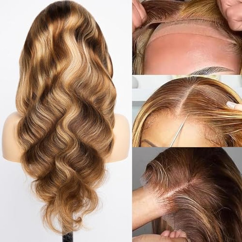 #4/27 Ombre Highlight Lace Front Wigs Human Hair Pre Cut 5X5 Glueless Honey Blonde Body Wave Wigs for Women Pre Plucked with Baby Hair Lace Closure wig 200% Density £¨20inch£©