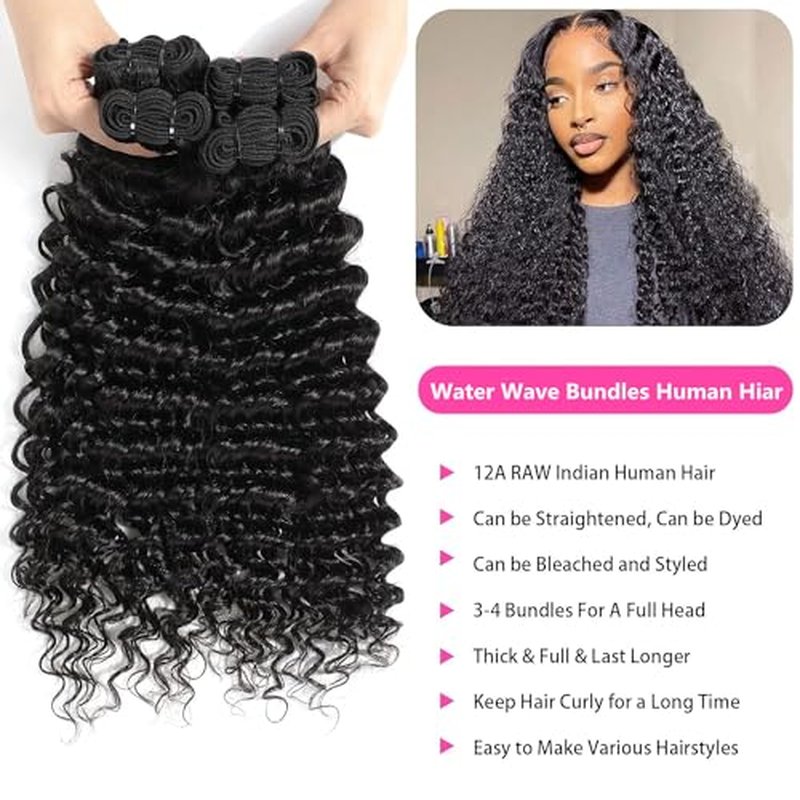 Water Wave Bundles Human Hair Soft Brazilian Virgin Human Hair 100% Unprocessed Wet and Wavy Curly Bundles Natural Black Color Can Be Dyed Total 300g 18 18 18 Inch