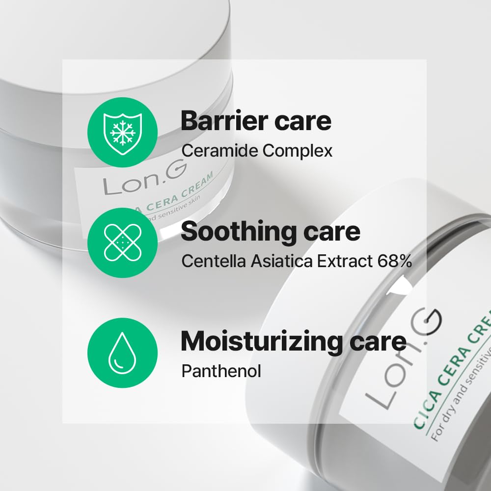 LON.G Cica Cera Cream, Ultra moisturizing cream for dry and sensitive skin relief with Ceramide, Skin redness, Skin barrier, soothing Care, Centella Asiatica Extract, Korean skincare(1.69 oz / 50g)