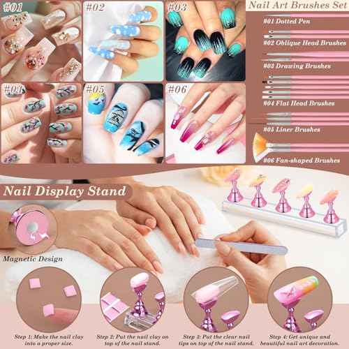 600PCS Clear Coffin Nail Tips and 240PCS Short Press On Nails Set, Clear Acrylic Nail Tips with Glue, Nail Art Brushes and Nail Display Stand, Nail Tips for Salons and Home DIY Nail Art