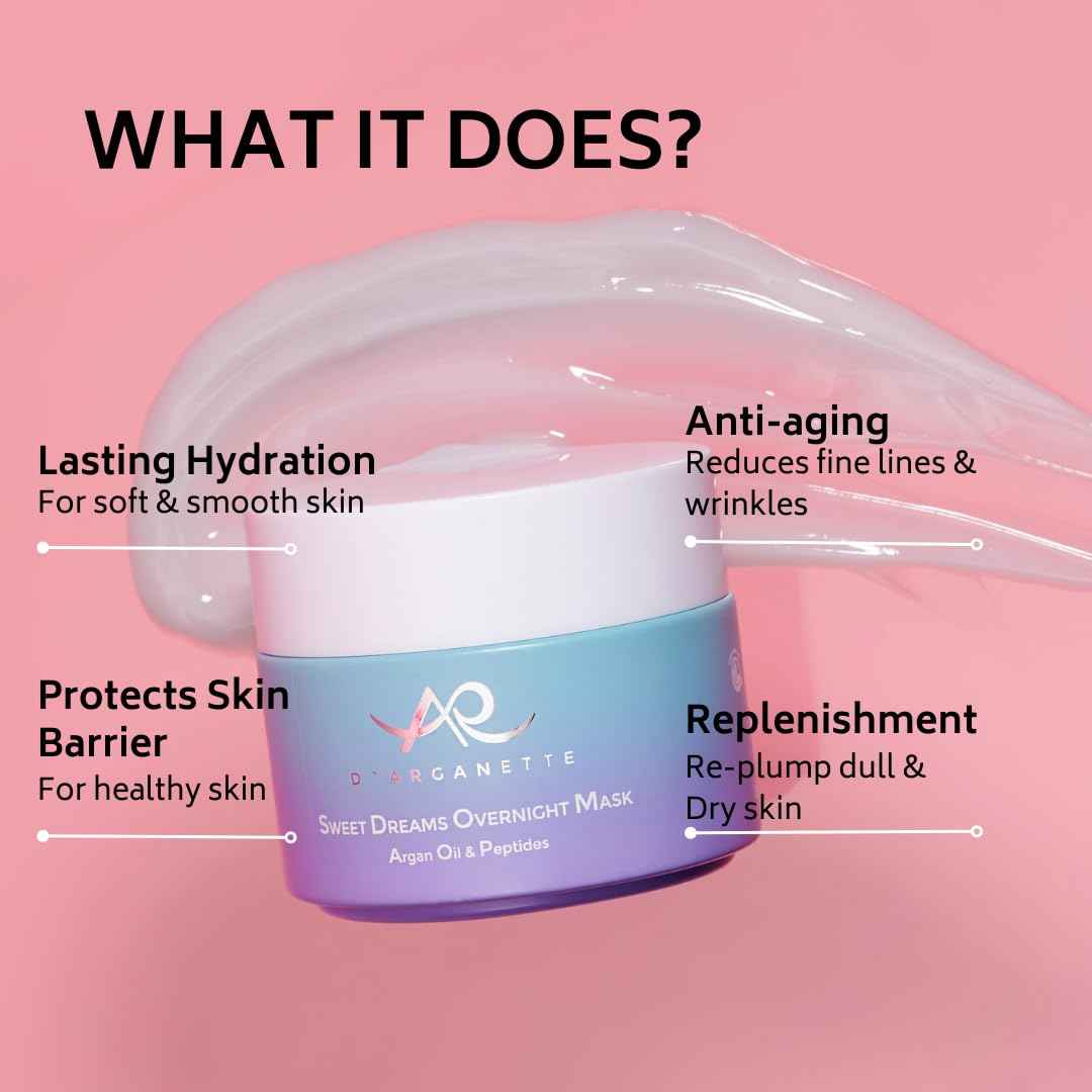 D'Arganette Sweet Dreams Sleeping Mask with Antioxidant-rich Argan Oil, Peptides, and Niacinamide– Radiance Boosting Hydrating Face Moisturizer For Dry Skin - 3.4 oz- Made In USA