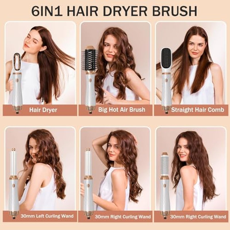 6 in 1 Blow Dryer Brush, Detachable Hair Dryer Brush Air Curler Air Styler Wrap, Curly Twist Hot Curling Iron, Blow Dryer Hot Styler Negative Ion, Travel Hair Styling Tool