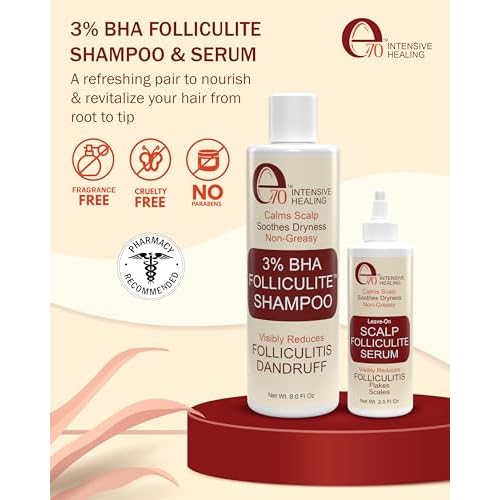 Folliculitis Treatment Shampoo & Serum with 3% BHA, Salicylic Acid, Tea Tree Oil & Chamomile Extracts - Anti Itch Shampoo for women & men with Flaky Scalp Treatment Acne, Made in USA by e70, 8 fl oz