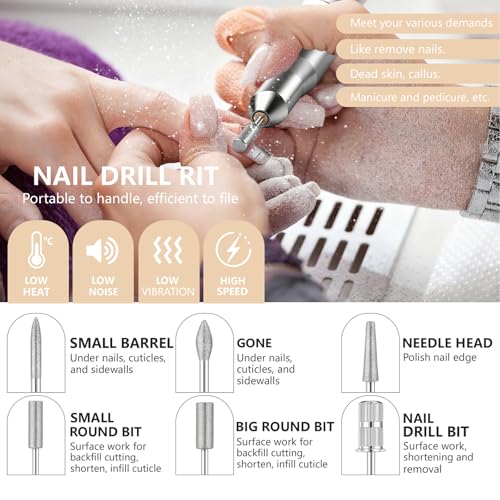 Professional Nail Drill Electric File, GEEZO 55000RPM Portable Cordless Nail Drill Machine with Bits, Rechargeable E File for Acrylic & Gel Nails, Manicure & Pedicure Tech Tool for Home Salon (White)