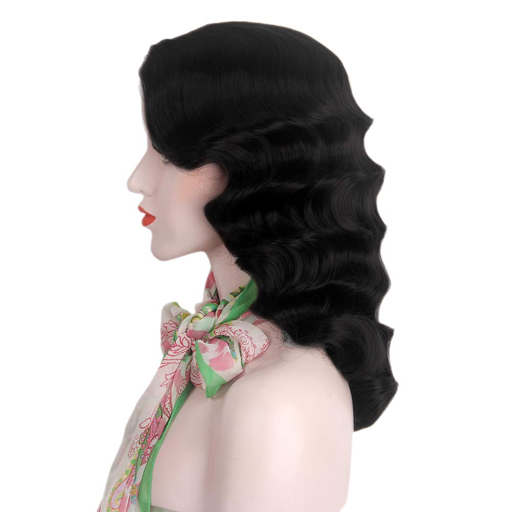STfantasy Finger Wave Wig 1920s Retro Mid Length Long Curly Synthetic Hair for Women Cosplay Halloween Party Costume (Jet Black)