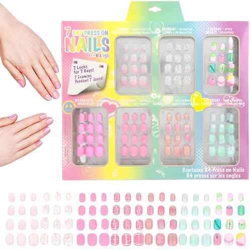 7 Day Manicure Collection - 84PC Press On Nail Set, Day-of-The-Week Adhesive False Nails for Girls (Set of Brights or Pastels) ? Colorful Novelty Designs Stick On Nails for Kids