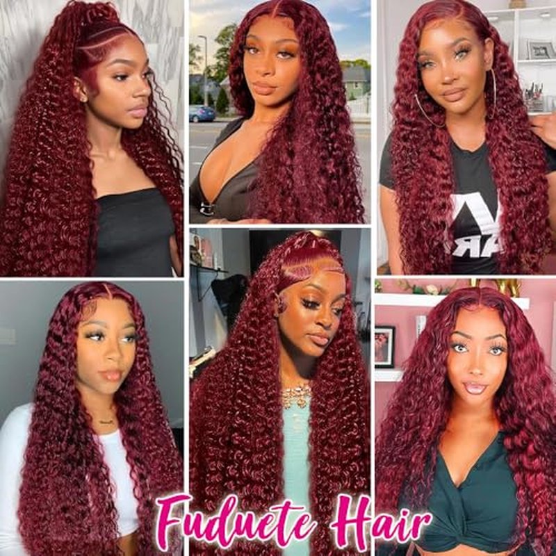 99J Burgundy Deep Wave 13x6 Lace Front Wigs Human Hair 200% Density Lace Frontal Wigs Human Hair Pre Plucked 99j Burgundy Deep Curly Wave HD Lace Front Wigs for Women (20Inch)