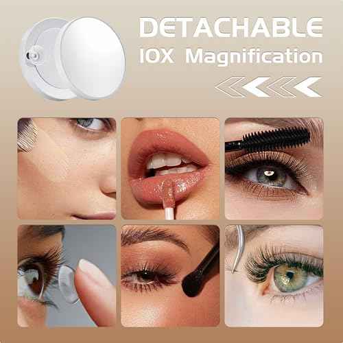 Generic Vanity Mirror with Lights, 9 Dimmable Bulbs, 3 Color Lighting Modes, Detachable 10x Magnification, Touch Control, Tabletop Mount, 3"L x 2"W, White