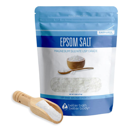 Epsom Salt 5 Lbs Bulk Bag USP Grade Multipurpose Unscented in BPA Free Pouch with Easy Press Lock Seal Plus Bamboo Scoop