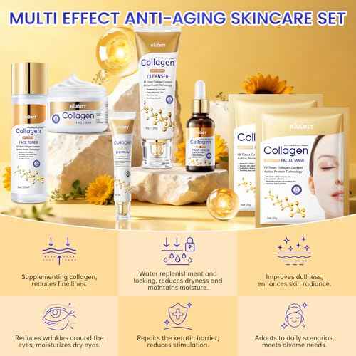 Collagen Skin Care Set - 7PCS Moisturizing Skin Care Set Reduce Wrinkles & Fine Lines, Long-Lasting Oil Control, Firm Skin - With Cleanser, Toner, Serum, Eye Cream, Face Cream & Facial Masks