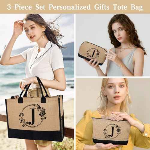Personalized Gifts for Women, Initial Jute Tote Bag Monogrammed Beach Bag, Mothers Day & Birthday Gifts for Mom Women Friend