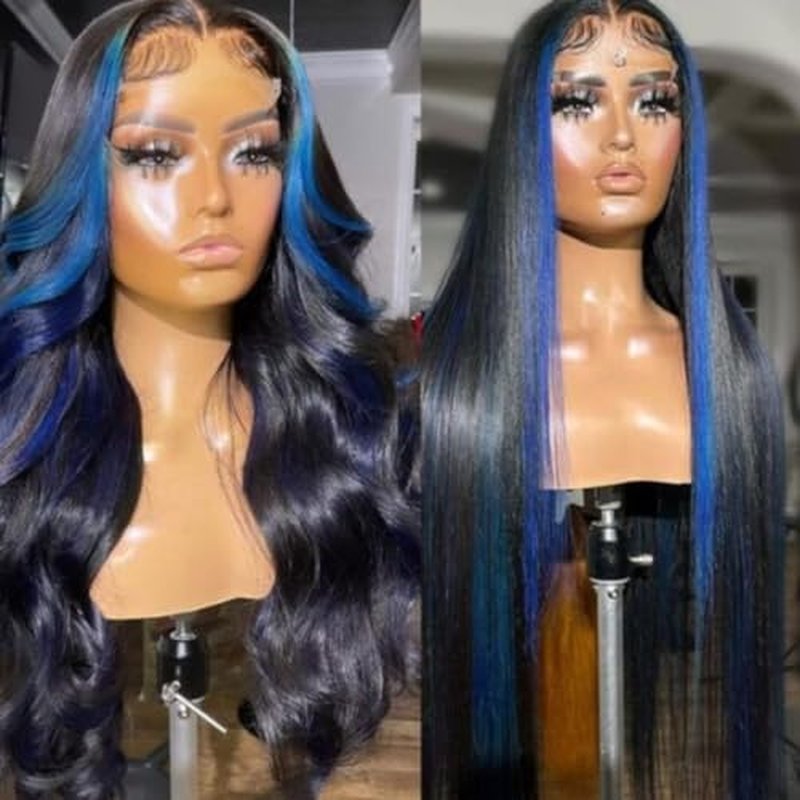Royal Blue Lace Front Wigs Human Hair Highlight Skunk Stripe 13x4 HD Lace Frontal Wig Body Wave Pre Plucked With Baby Hair 150% Density Ombre Dark Blue Virgin Human Hair Wigs Glueless 20 Inch