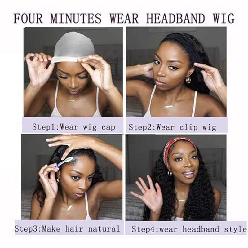 Headband Wig Human Hair Curly Wigs for Black Women 24 inch Wigs Human Hair Glueless Wear and Go None Lace Front Wig Headband Wigs Machine Made 180% Density Natural Color