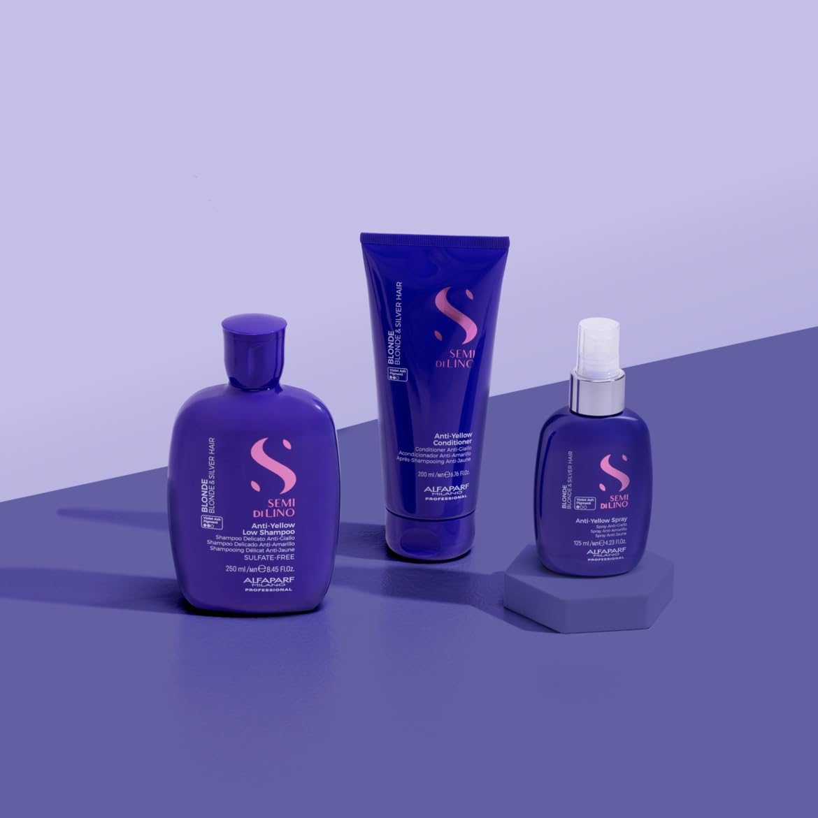 Alfaparf Milano Semi di Lino Gift Set for Blonde and Silver Hair - Anti-Yellow Sulfate Free Shampoo, Conditioner and Leave-In Spray Toner - Neutralizes Unwanted Yellow Tones