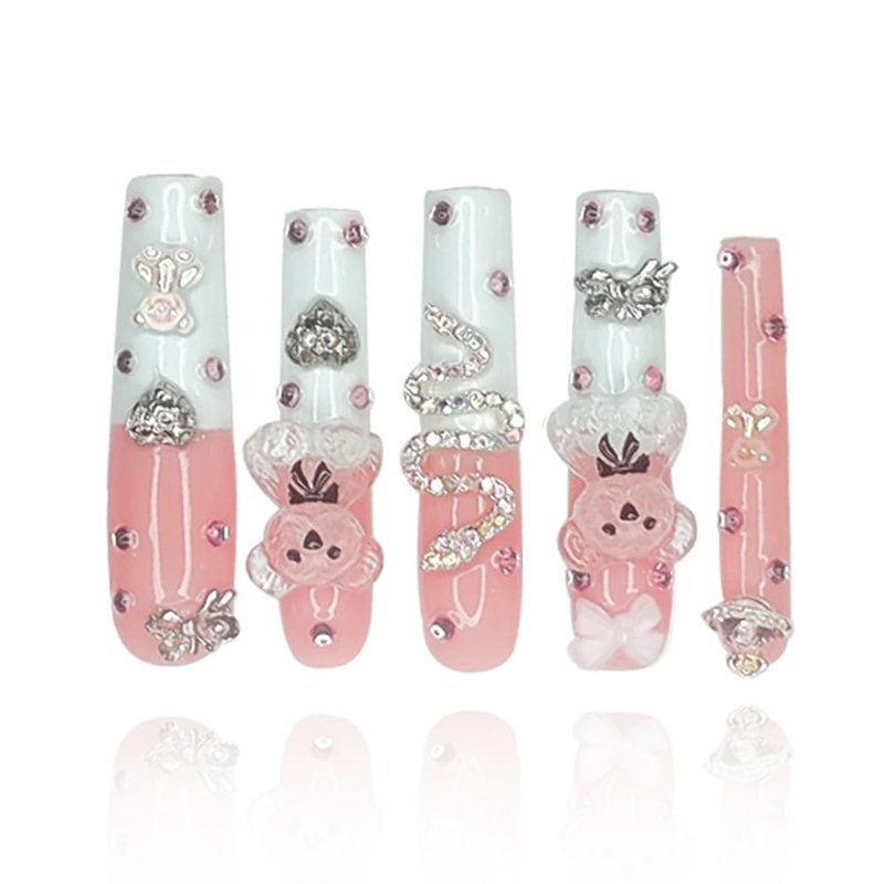 GGddsha 2026 Long Pmma Acrylic Handmade Nail Design Novelty with Rhinestone Bear Love Snake Design Glossy Nail, Reusable Nail Set with Box Gift for Women (White-pink, M)