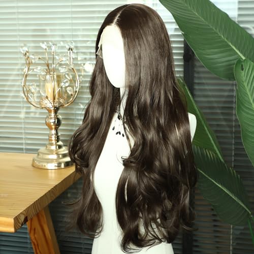SAPPHIREWIGS Dark Brown Long Wavy T-Part Lace Front Wig For Women Natural Looking Heat Resistant Black Synthetic Hair Wigs 26inch