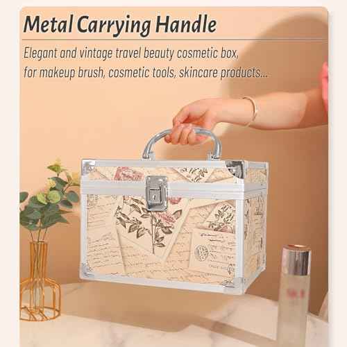 VNIMTI Makeup Train Case, Portable Makeup Box with Mirror, Cosmetic Storage Box for Women with Trays, Makeup Box Organizer for Vanity, Travel, Lockable& Large Capacity (Philatelic Style)